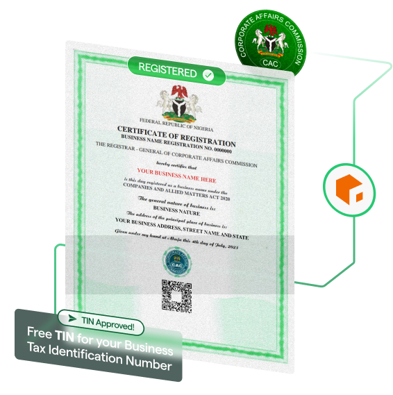 A stylish image depicting a business registration certificate from the Corporate Affairs Commissiion (CAC) of Nigeria.
